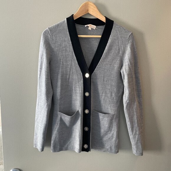 GUC Tory Burch Simone Wool Cardigan Gray Black Tipped Size XS - Picture 1 of 4